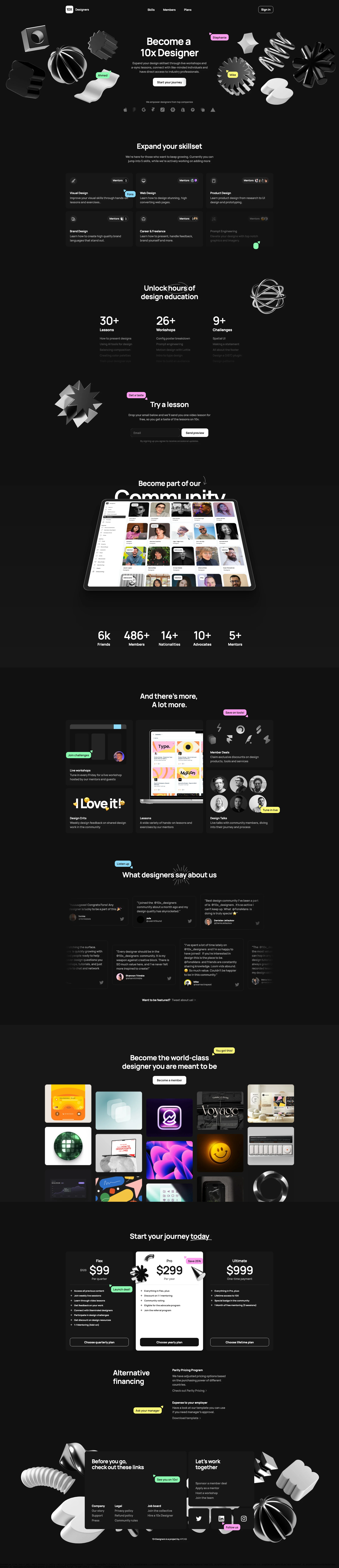 10x Designers Landing Page Example: Expand your brand, product, visual and web design skillset through live workshops and a-sync lessons, connect with like-minded individuals and get direct access to industry professionals.