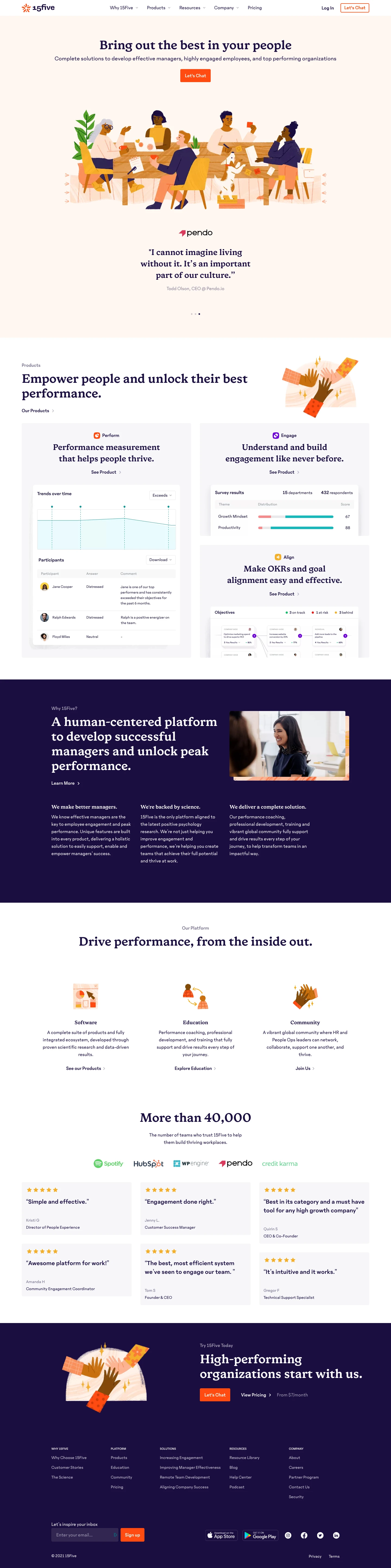 15Five Landing Page Example: 15Five is the complete performance management platform that creates effective managers, highly engaged employees, and top-performing organizations.