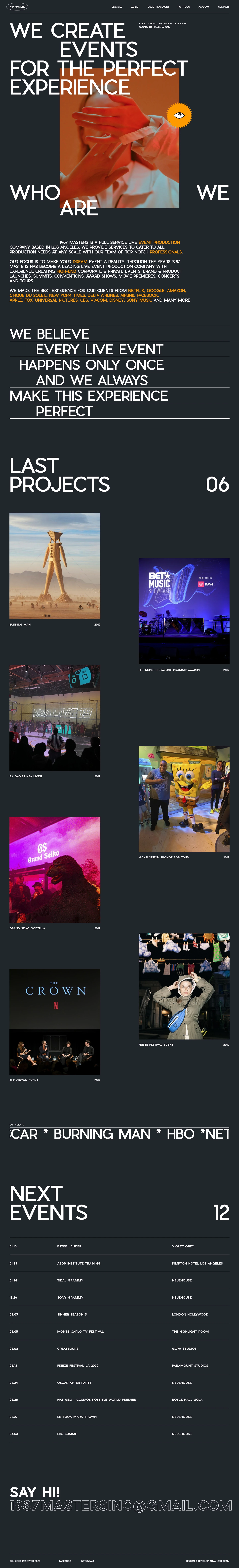 1987 Masters Landing Page Example: We create events for the perfect experience