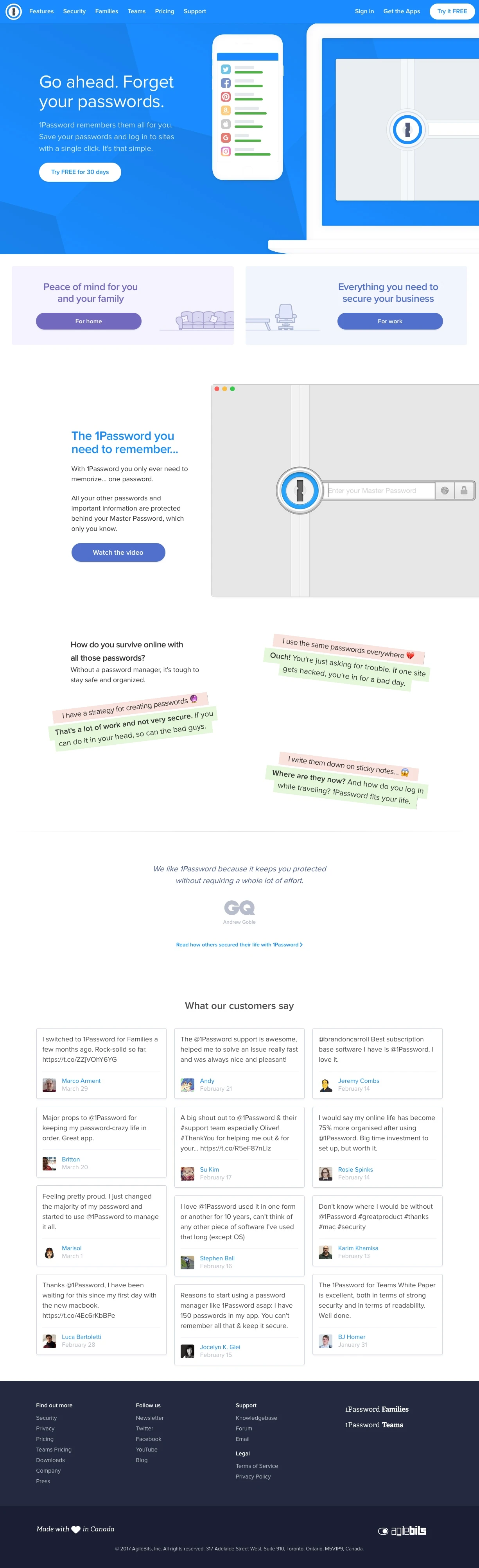 1Password Landing Page Example: 1Password remembers them all for you. Save your passwords and log in to sites with a single click. It's that simple.