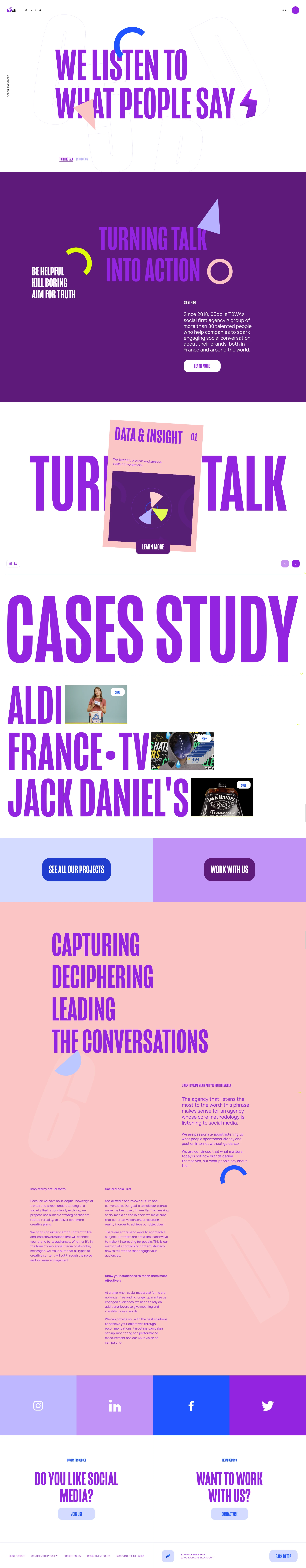 65dB Landing Page Example: 65dB is TBWA's social first agency. Since 2018, we help companies to spark engaging social conversation about their brands.
