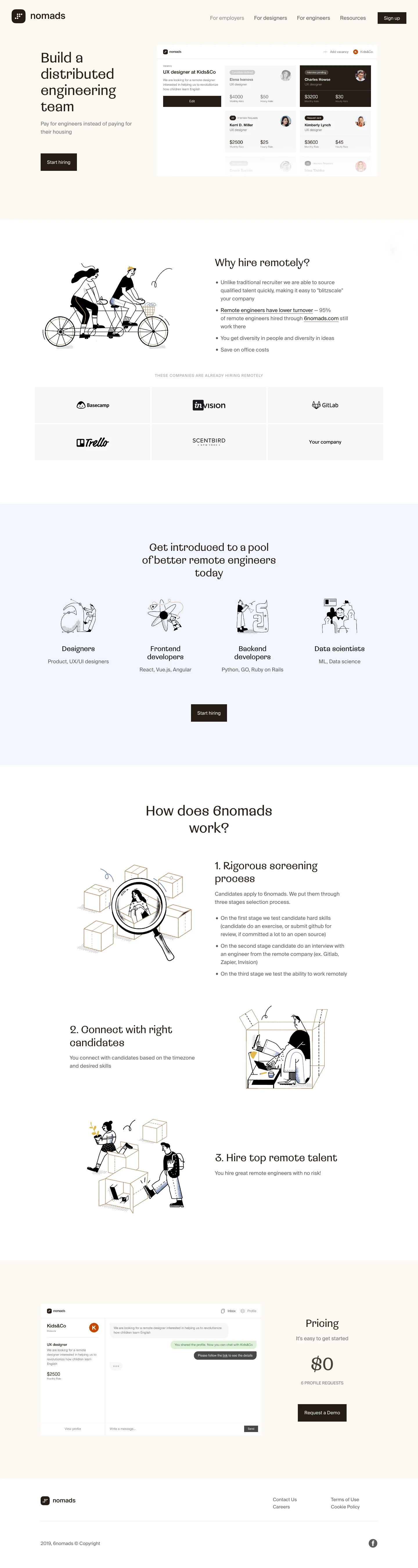 6nomads Landing Page Example: Senior full-time engineers from all over the world. Hire reliable full-remote engineers.