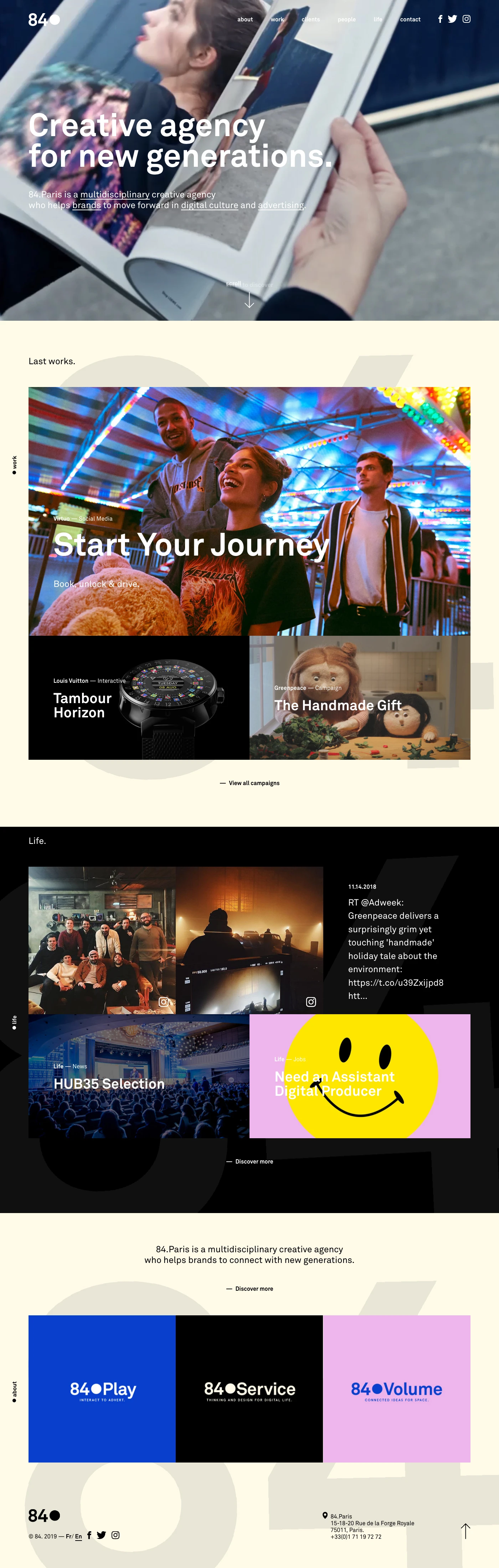 84.Paris Landing Page Example: 84.Paris is an ideas driven advertising agency based in Paris. We deliver creative and innovative solutions for global brands. Ideas first, no matter the touchpoint or the technology: Digital, mobile, print, outdoor, film, brand content, out-of-home, social media, point of sales.