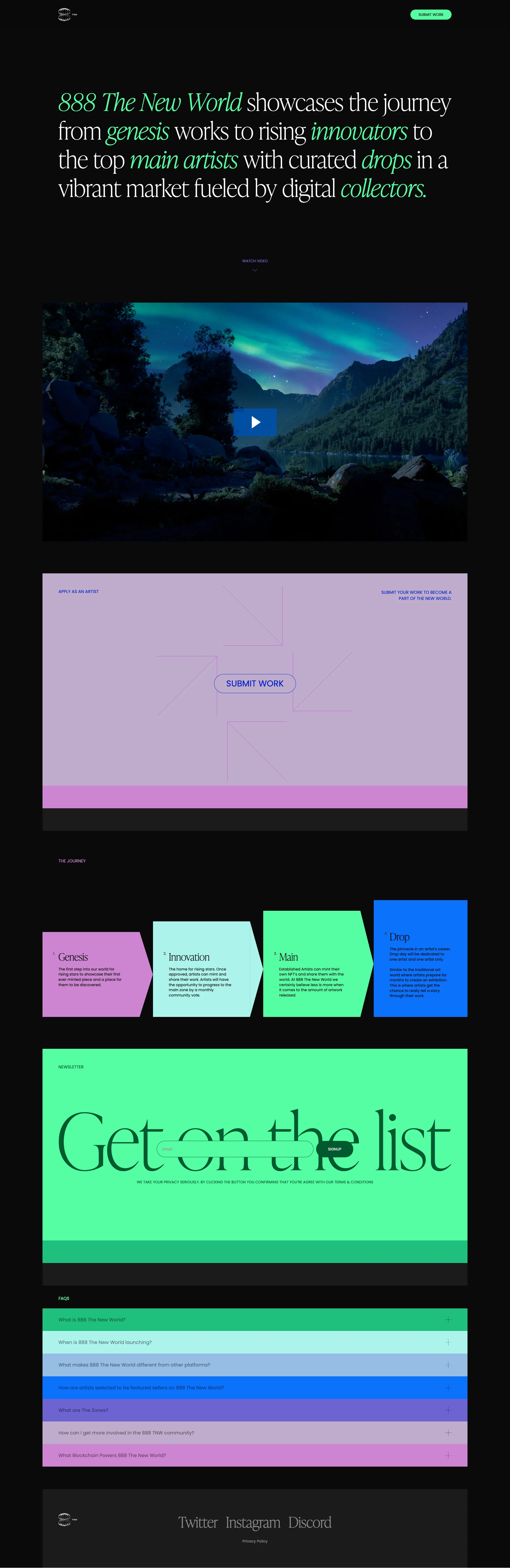 888: The New World Landing Page Example: 888 The New World showcases the journey from genesis works to rising innovators to the top main artists with curated drops in a vibrant market fueled by digital collectors.