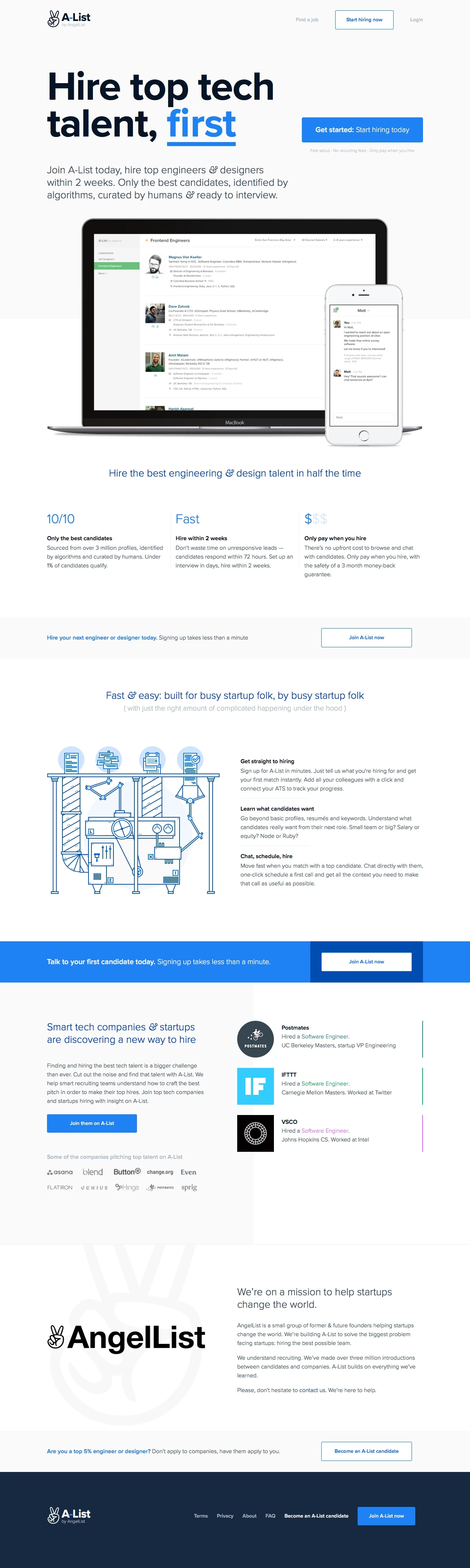 A-List Landing Page Example: Join A-List today, hire top engineers & designers within 2 weeks. Only the best candidates, identified by algorithms, curated by humans & ready to interview.
