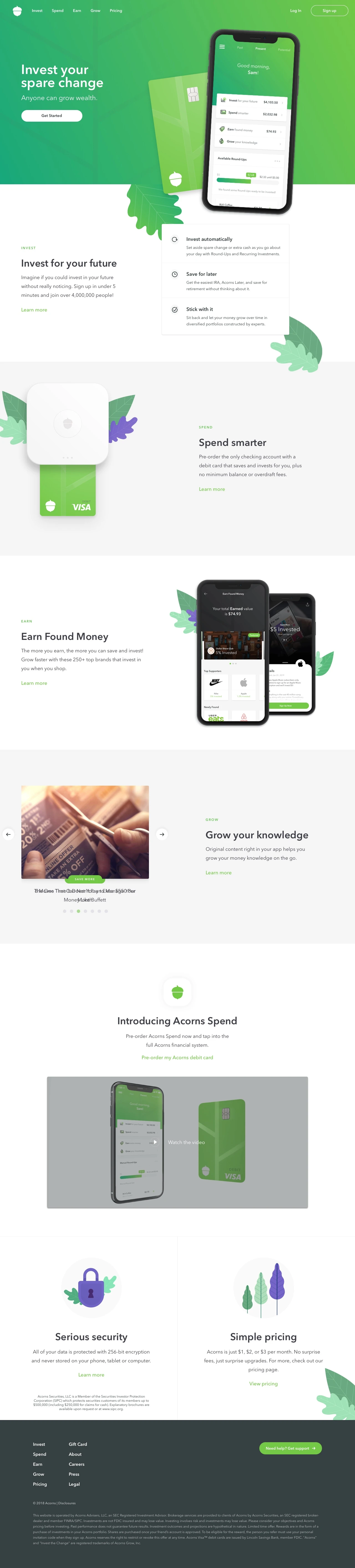 Acorns Landing Page Example: Invest your spare change. Anyone can grow wealth.