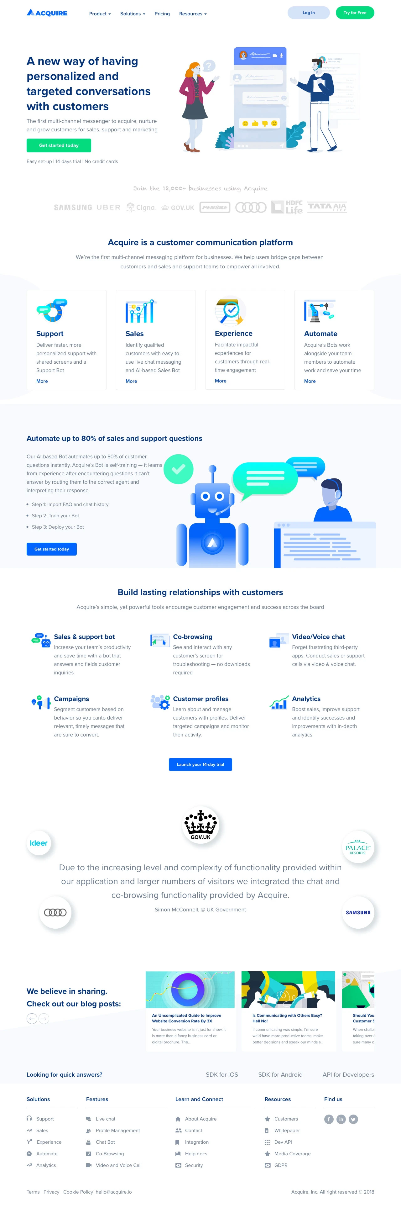 Acquire Landing Page Example: Acquire is the first to bring a multi-channel customer communication platform for businesses - empowering companies to deliver better experiences between customers and their sales and support team.