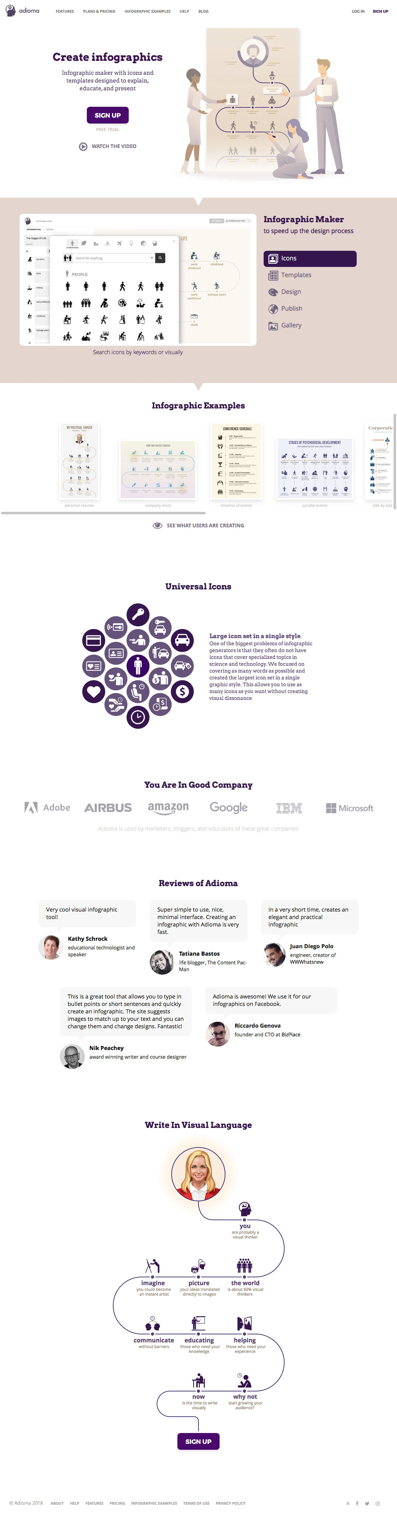 Adioma Landing Page Example: Adioma is an infographic maker that automates design for you using visual language and infographic templates. Sign up and create infographics in minutes.