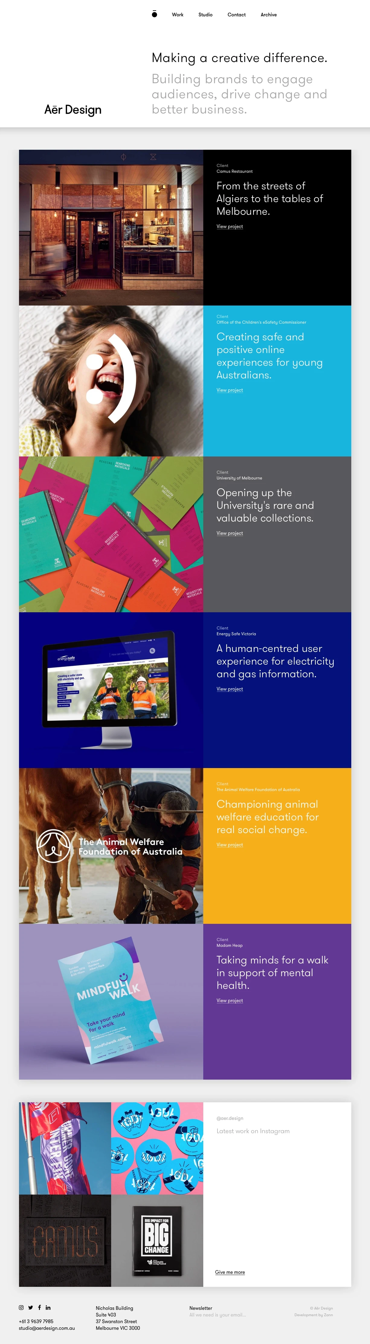 Aer Design Landing Page Example: Building brands to engage audiences, drive change and better business.