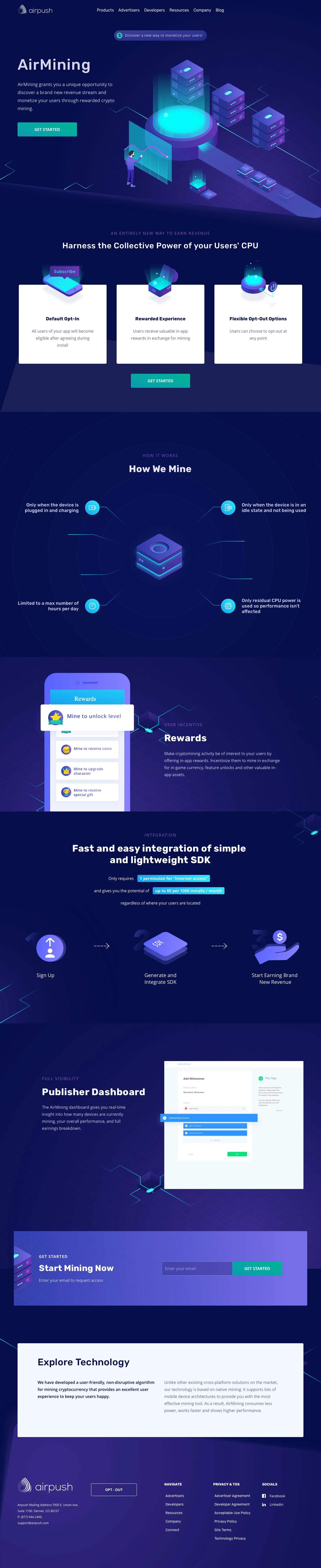 AirMining Landing Page Example: AirMining grants you a unique opportunity to discover a brand new revenue stream and monetize your users through rewarded crypto mining.