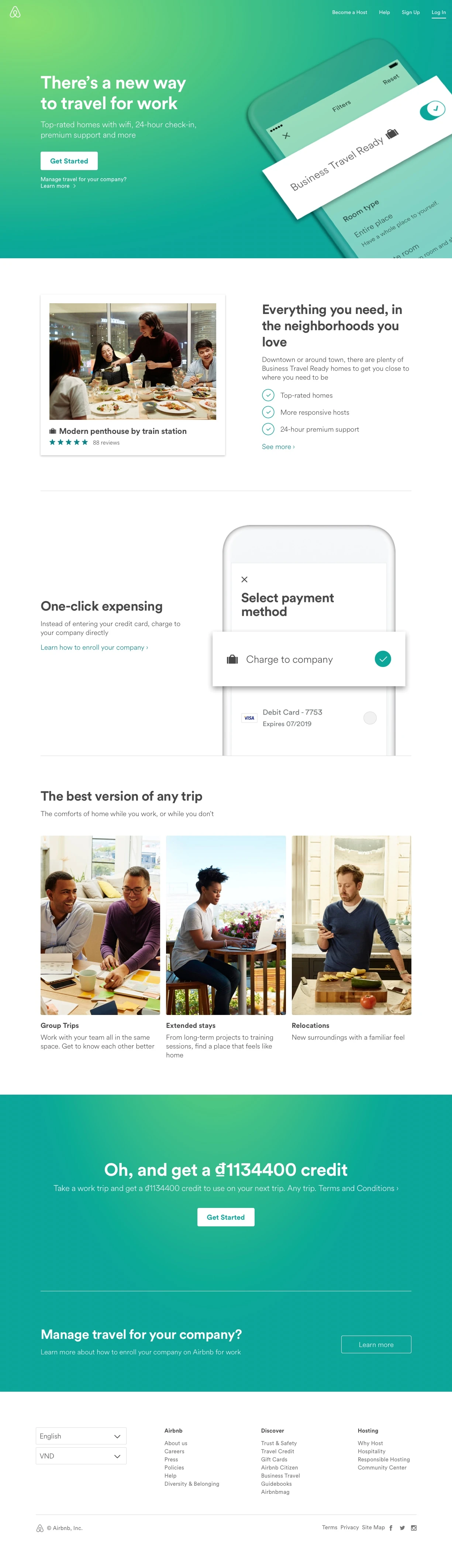 Airbnb Landing Page Example: Corporate & Business Travel on Airbnb