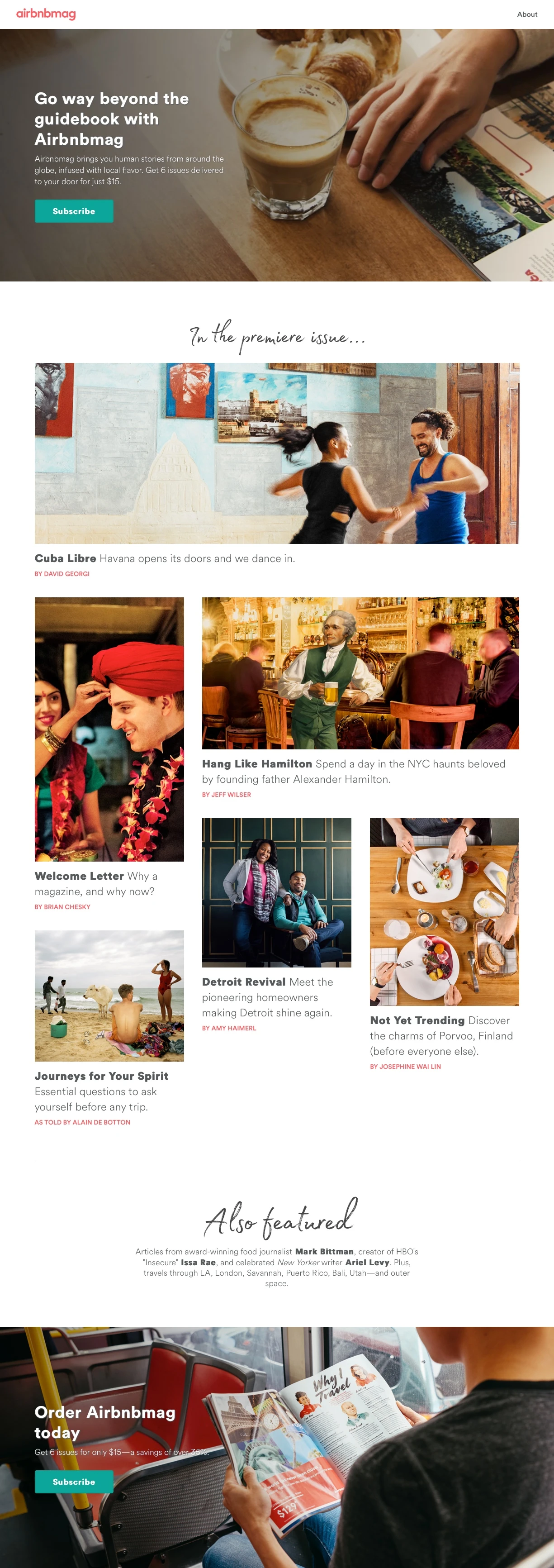 Airbnb Magazine Landing Page Example: A print magazine created by Airbnb and Hearst, featuring undiscovered travel destinations, inspiring stories, and tips for your next getaway.