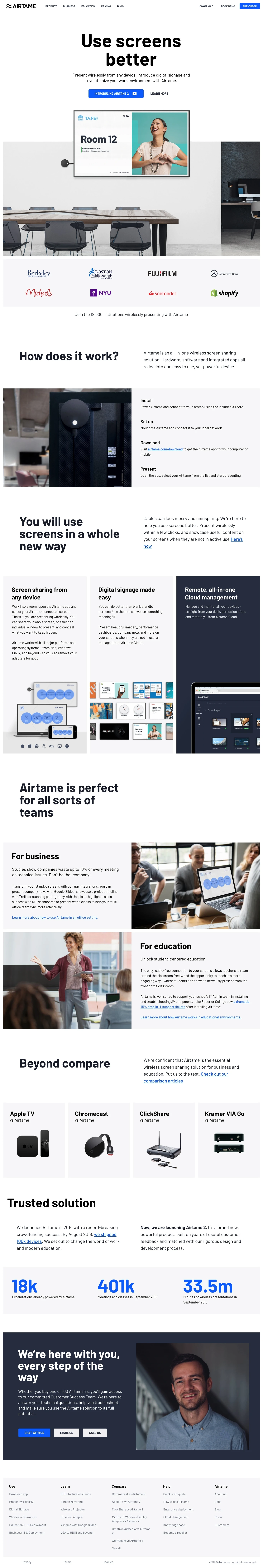 Airtame Landing Page Example: Present wirelessly from any device, introduce digital signage and revolutionize your work environment with Airtame.