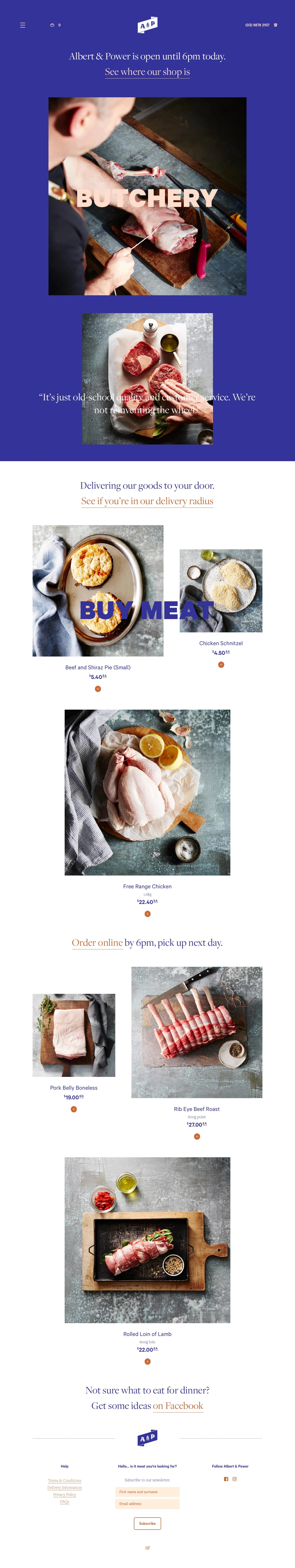 Albert & Power Landing Page Example: Purveyors of fine meat, quality produce and excellent service.