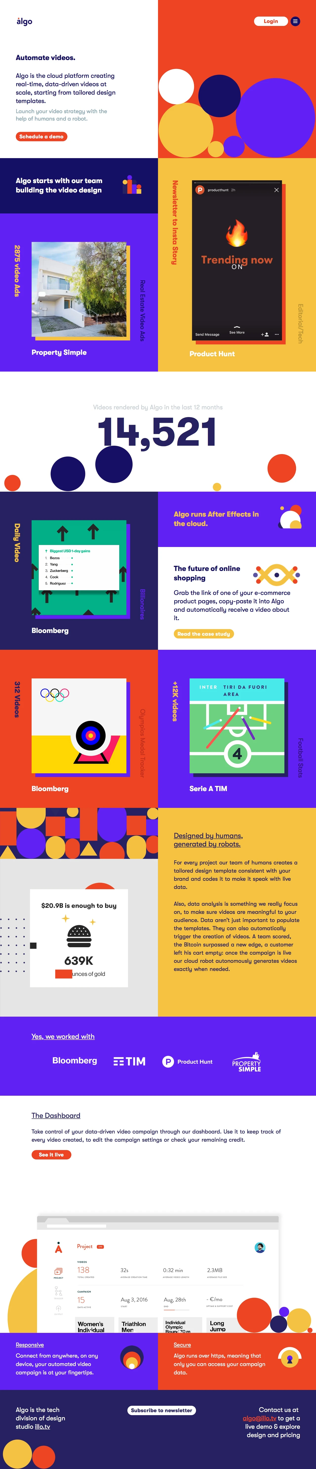 Algo Landing Page Example: Algo is the cloud platform creating real-time, data-driven videos at scale, starting from tailored design templates.