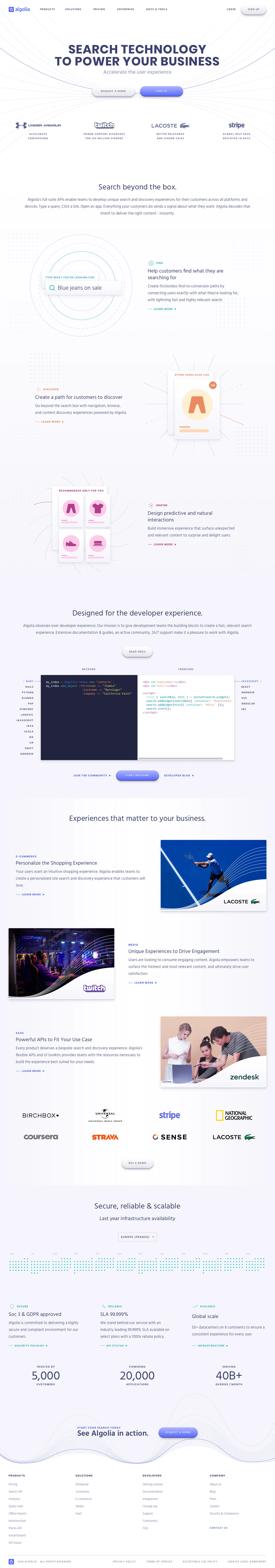 Algolia Landing Page Example: A powerful hosted search engine API, Algolia provides product teams with the resources & tools they need to create fast, relevant search.