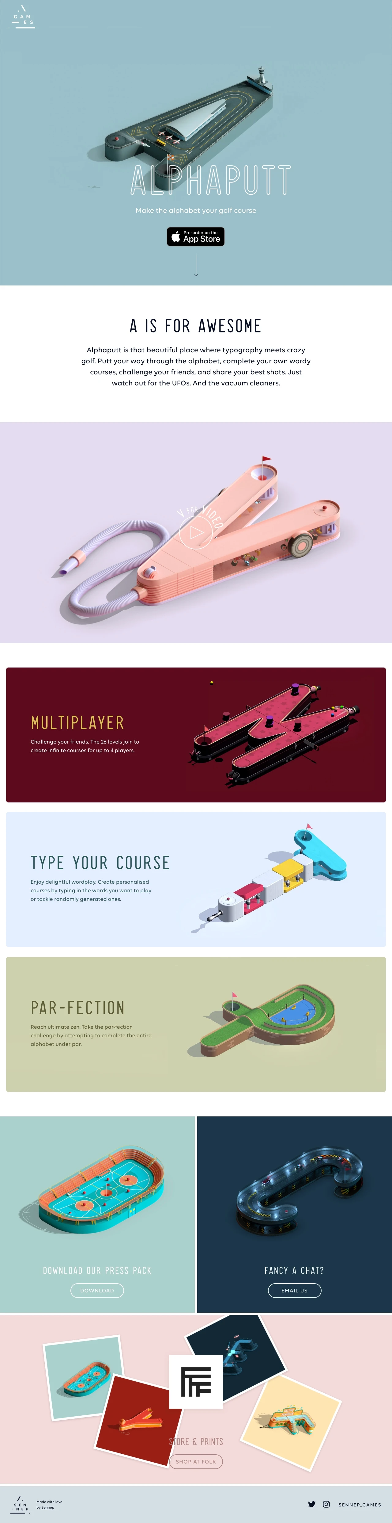 Alphaputt Landing Page Example: Alphaputt is that beautiful place where typography meets crazy golf. Putt your way through the alphabet, complete your own wordy courses, challenge your friends, and share your best shots.