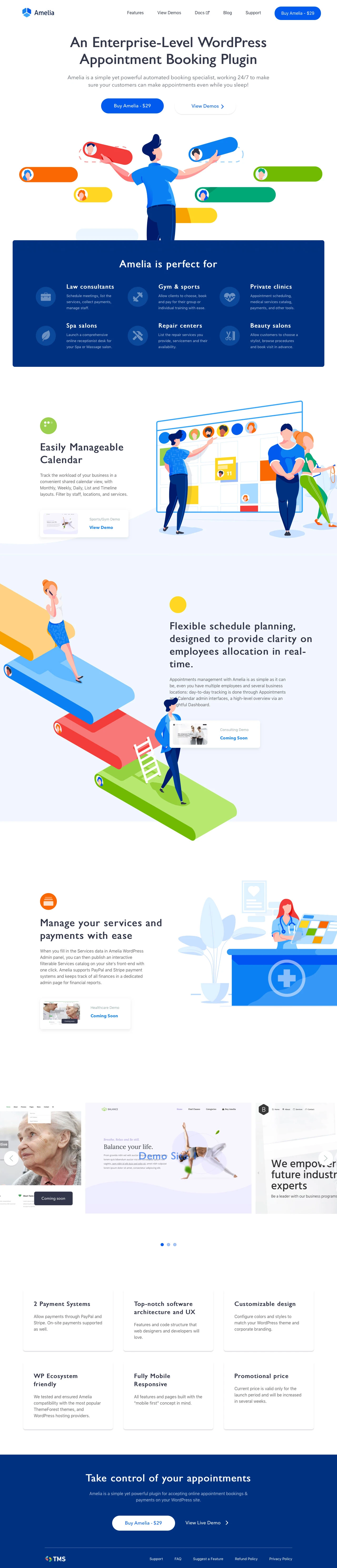 Amelia Landing Page Example: Amelia is a simple yet powerful automated booking specialist, working 24/7 to make sure your customers can make appointments even while you sleep!