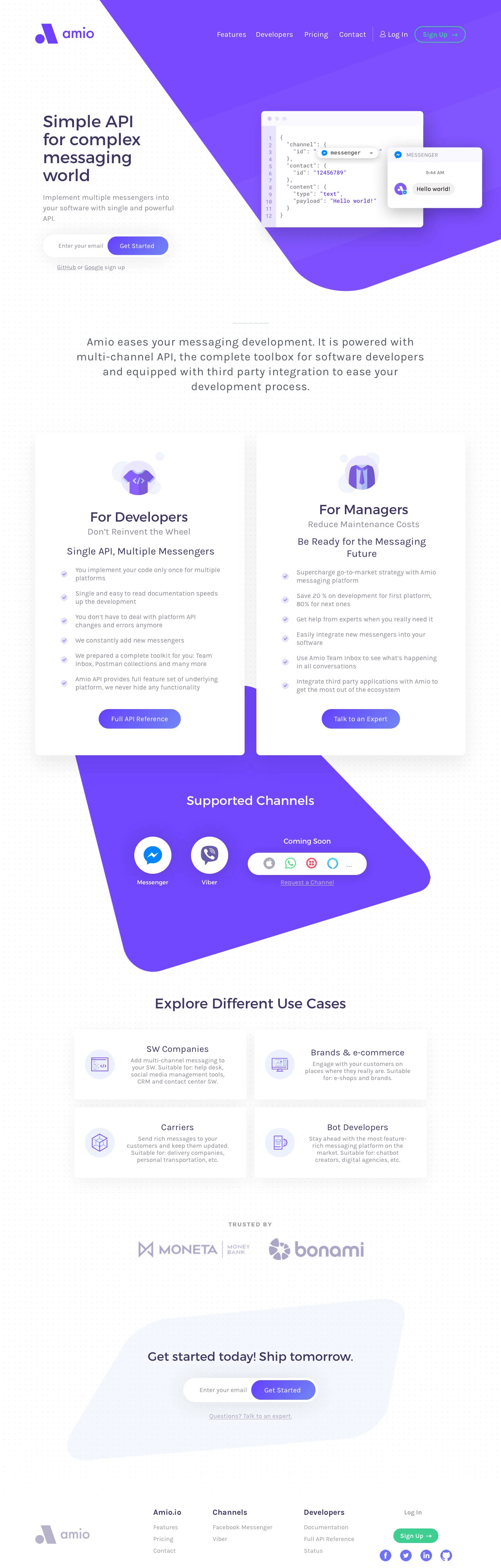 Amio Landing Page Example: Implement multiple messengers into your software with single and powerful API.