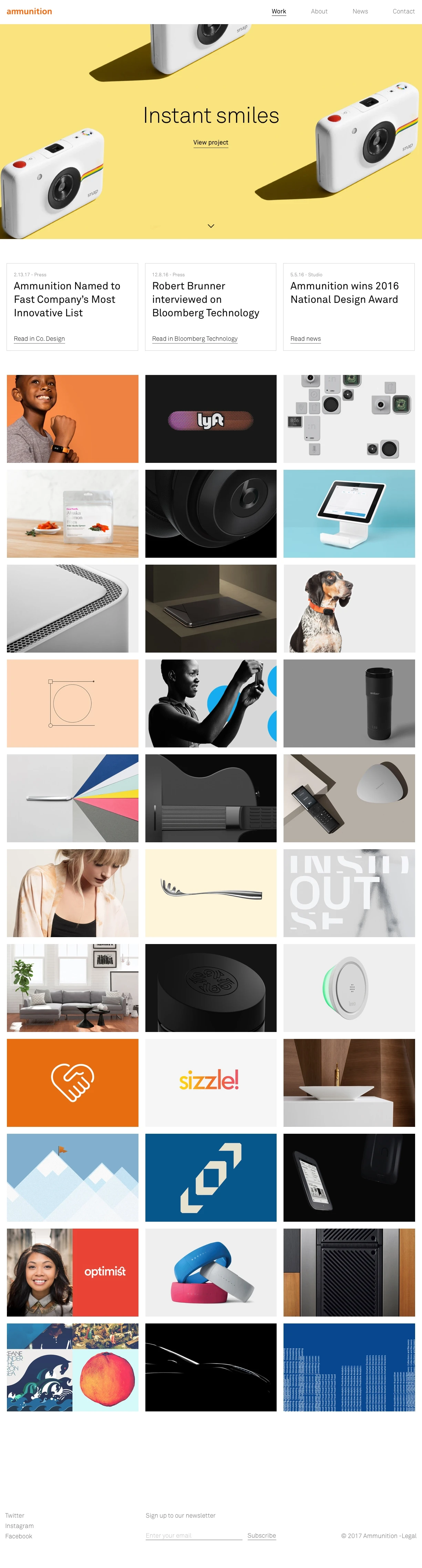 Ammunition Landing Page Example: We’re a design studio dedicated to bringing products and services that matter to market.