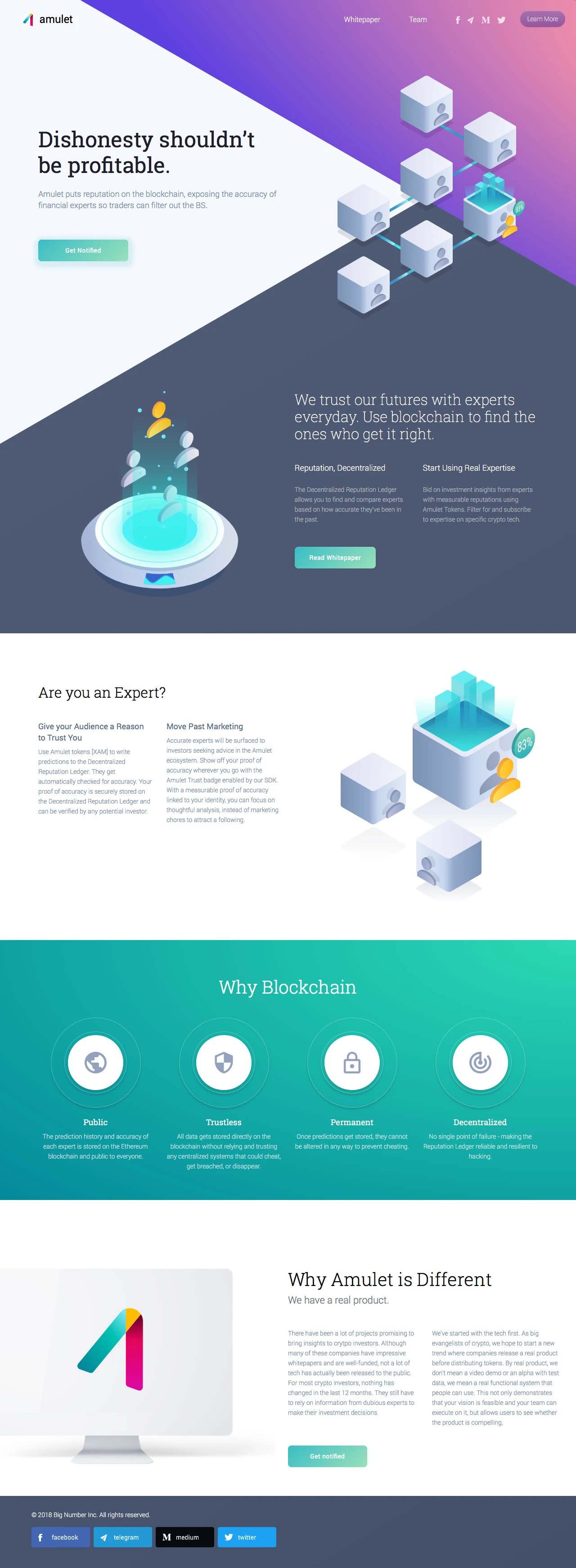 Amulet Landing Page Example: Amulet puts reputation on the blockchain, exposing the accuracy of financial experts so traders can filter out the BS.