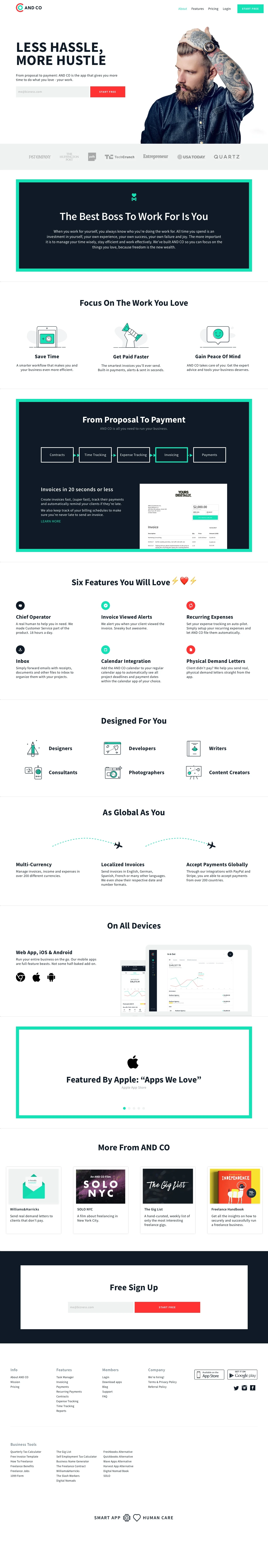 AND CO Landing Page Example: From proposal to payment: A proactive app to give you more time to do what you love - your work.