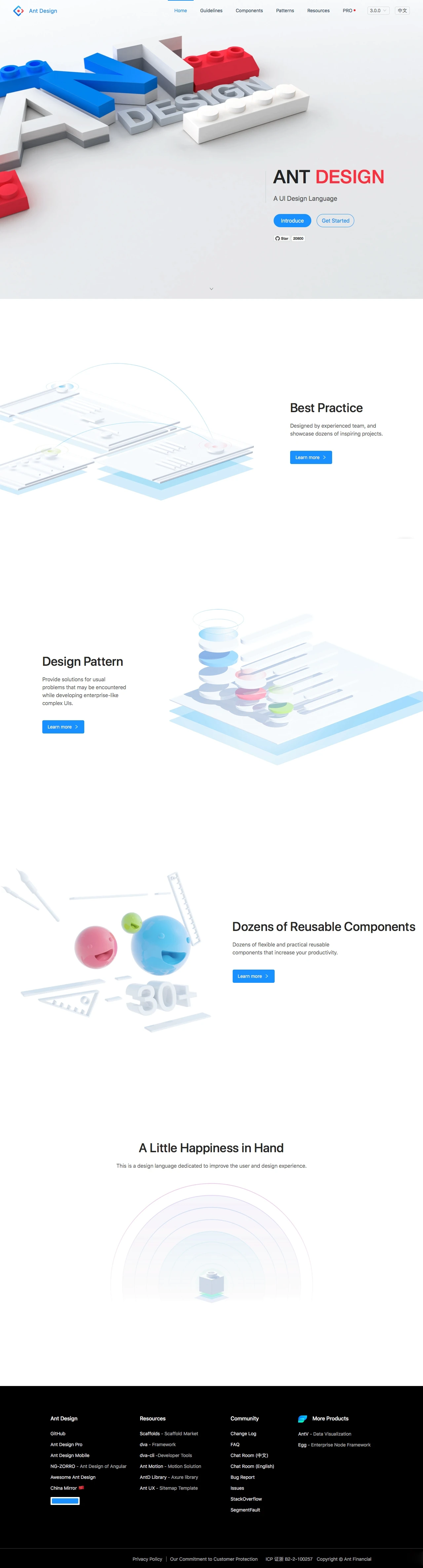 Ant Design Landing Page Example: An enterprise-class UI design language and React-based implementation with a set of high-quality React components, one of best React UI library for enterprises