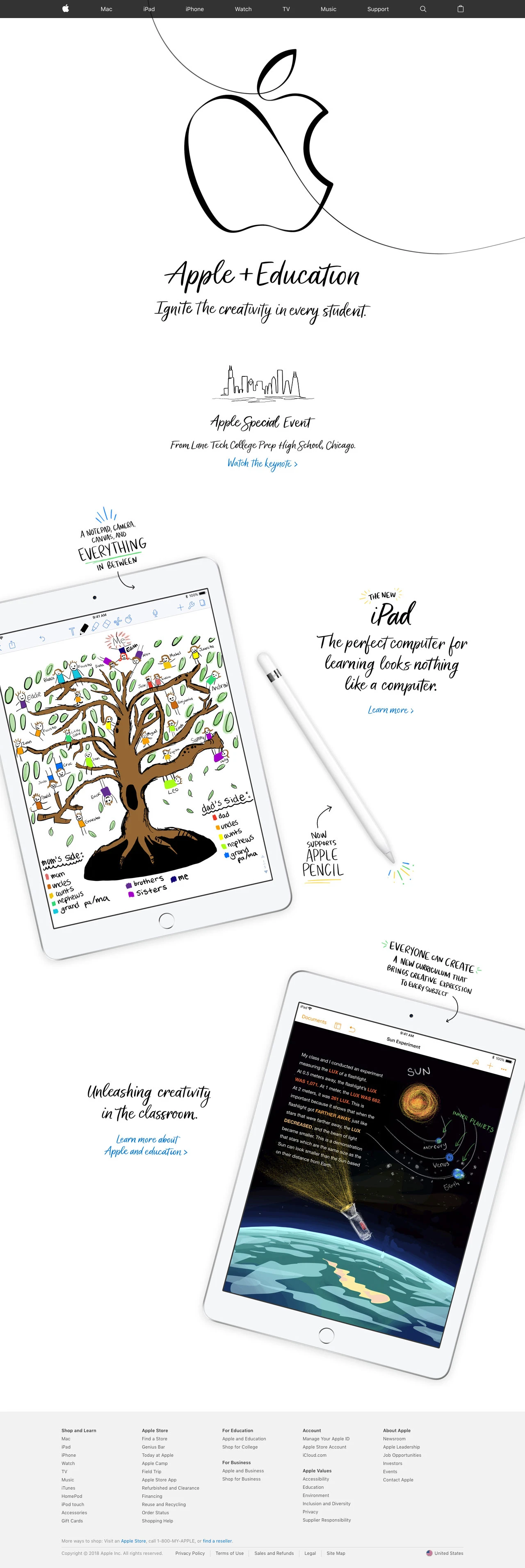 Apple and Education Landing Page Example: Discover the innovative world of Apple and shop everything iPhone, iPad, Apple Watch, Mac, and Apple TV, plus explore accessories, entertainment, and expert device support.