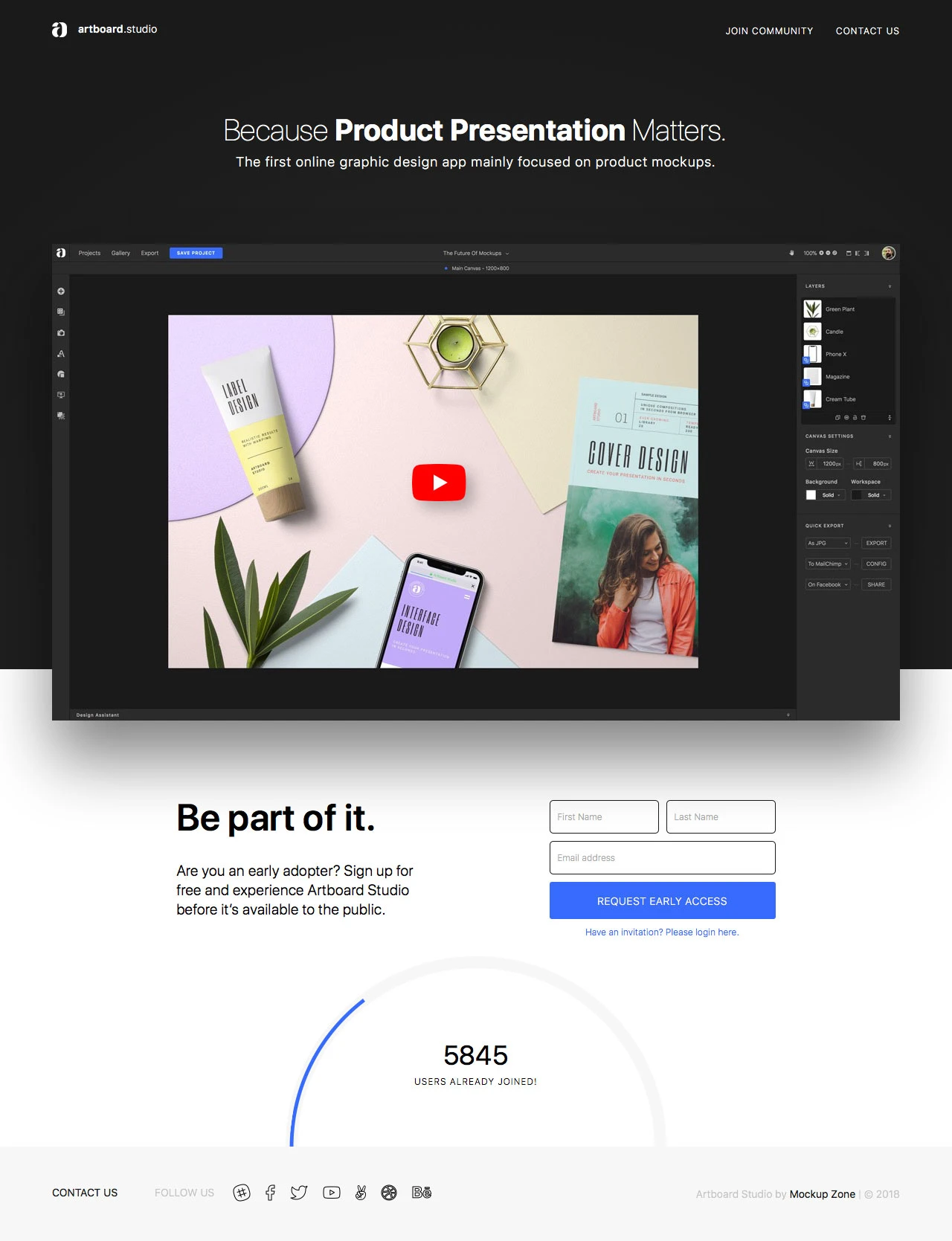 Artboard Studio Landing Page Example: The first online graphic design app mainly focused on product mockups.