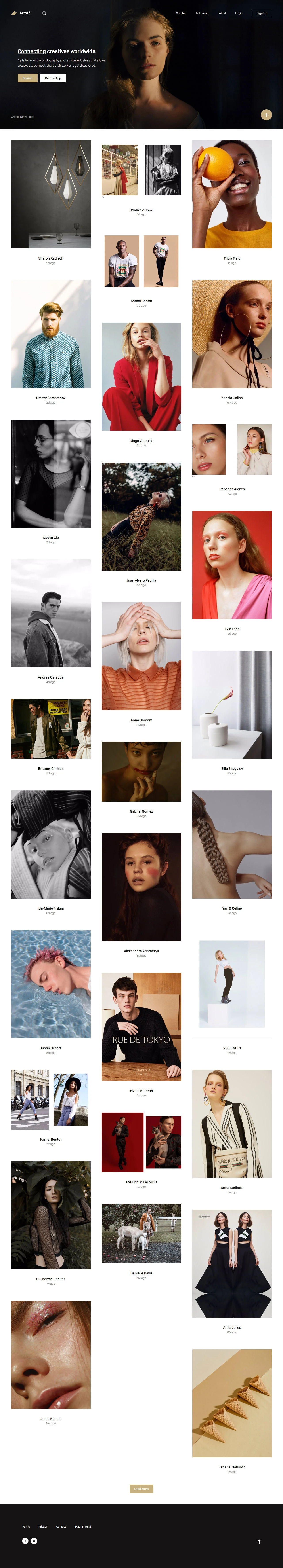 Artstel Landing Page Example: A platform for the photography and fashion industries that allows creatives to connect, share their work and get discovered.