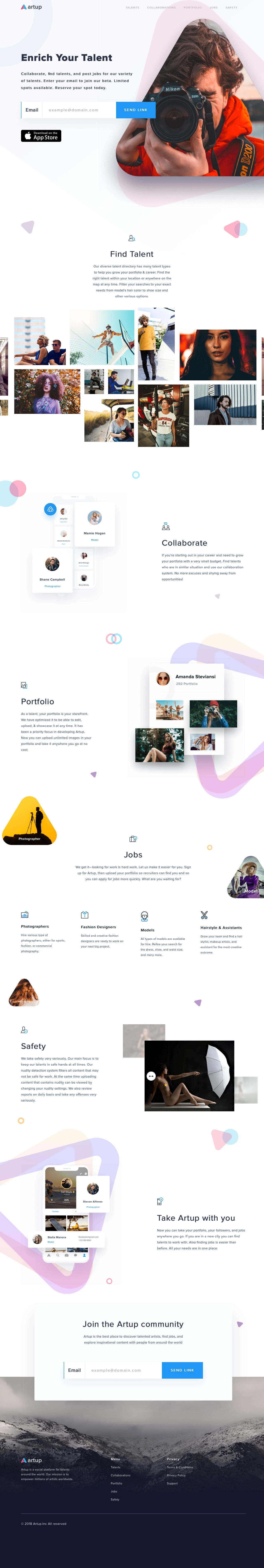 Artup Landing Page Example: Collaborate, find talents, and post jobs for our variety of talents.