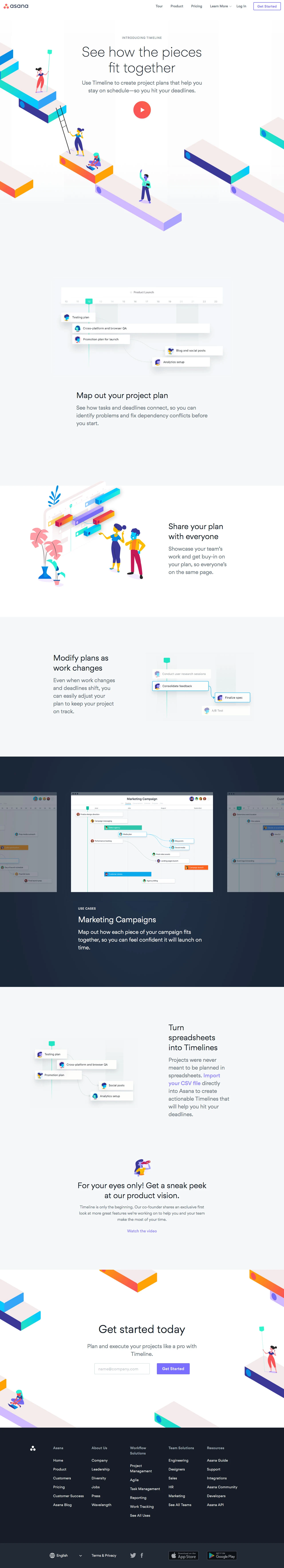 Asana Timeline Landing Page Example: Use Timeline to create project plans that help you stay on schedule — So you hit your deadlines.