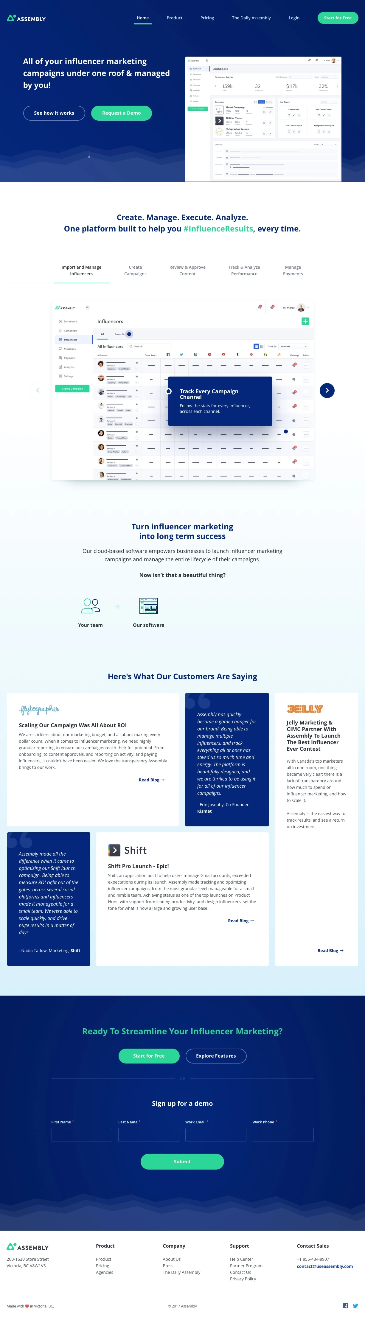 Assembly Landing Page Example: All of your Influencer Marketing campaigns under one roof & managed by you!