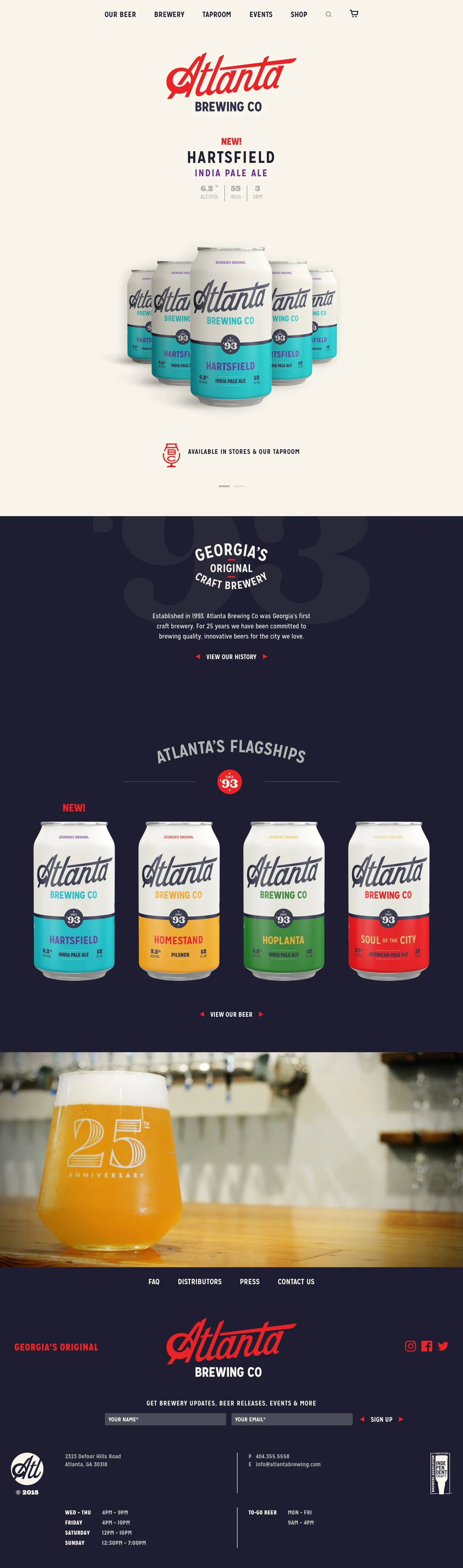 Atlanta Brewing Landing Page Example: Est. in 1993, Atlanta Brewing Co was Georgia's first craft brewery. For 25 years we have been committed to brewing quality, innovative beers for the city we love.