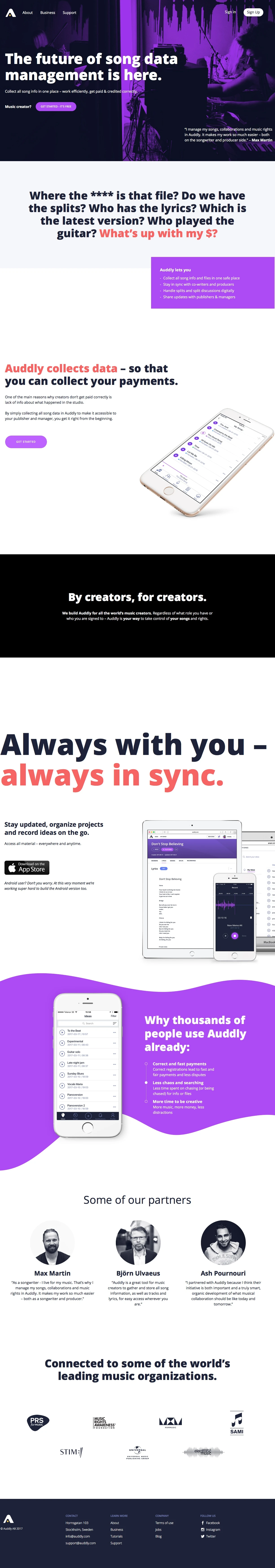 Auddly Landing Page Example: The future of song data management