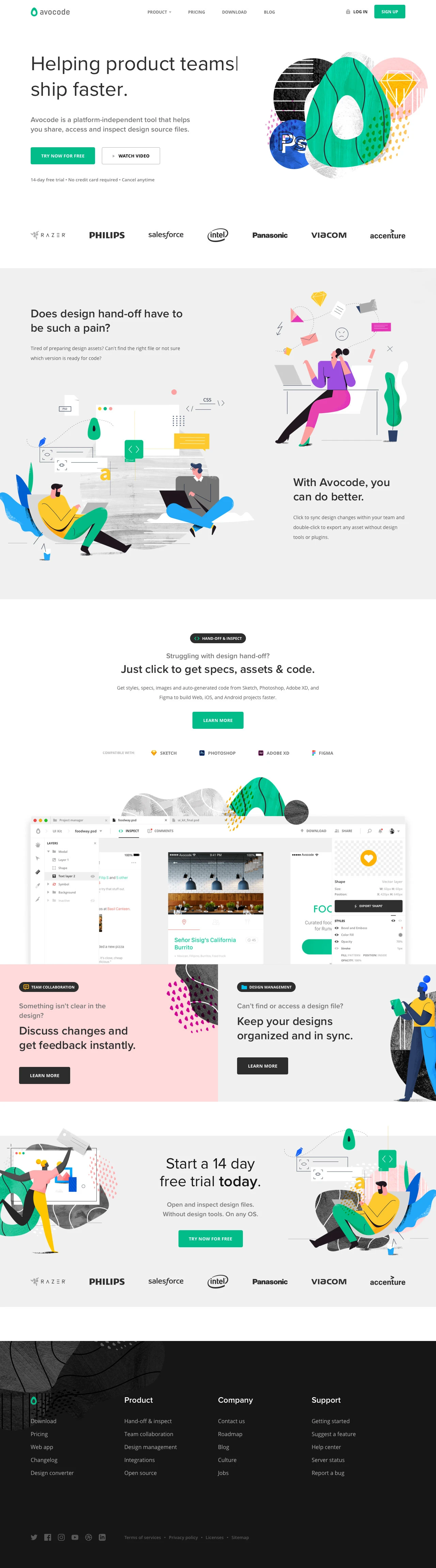 Avocode Landing Page Example: Avocode is a platform-independent tool that helps you share, access and inspect design source files.