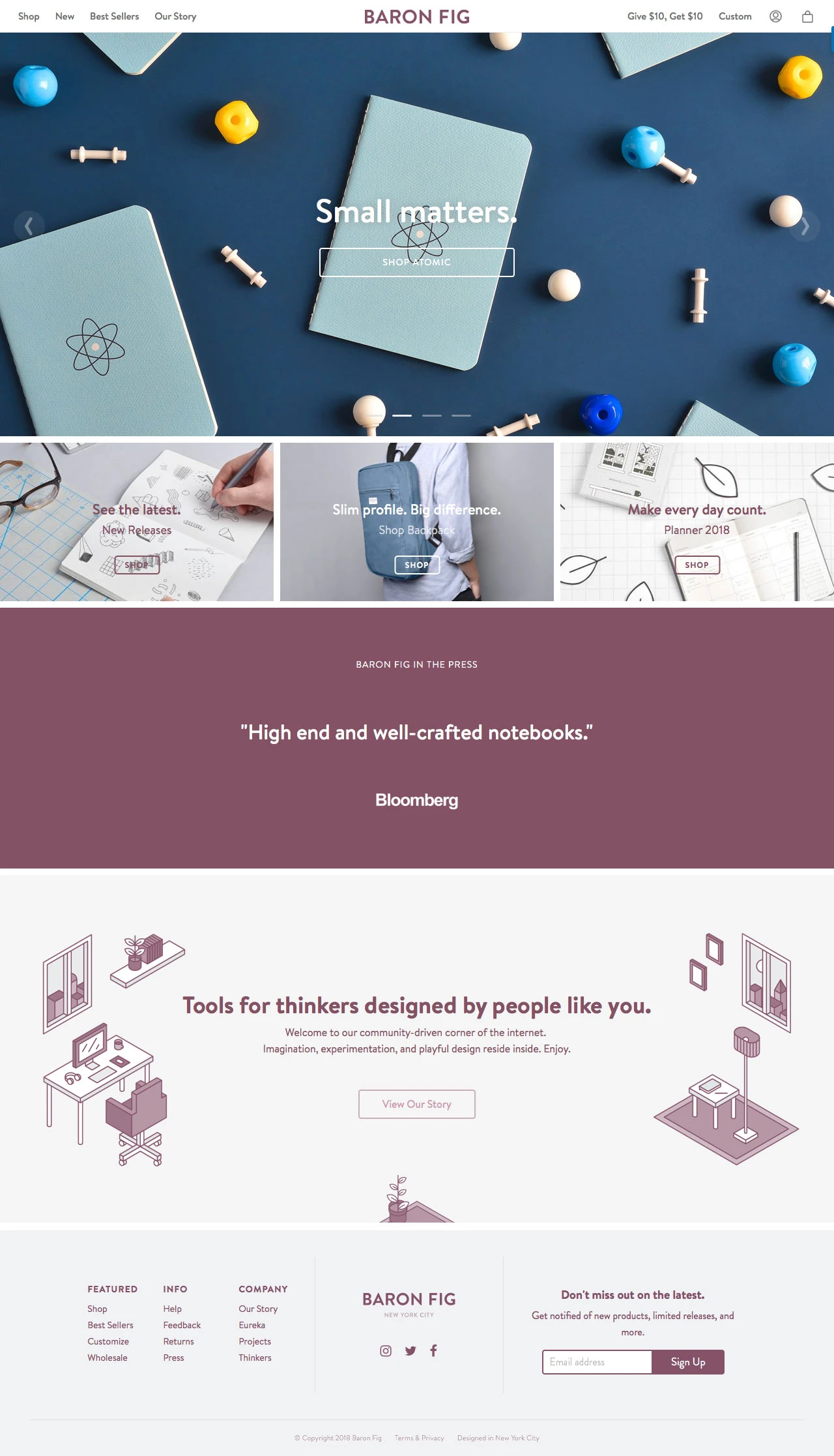 Baron Fig Landing Page Example: Tools for Thinkers designed with a philosophy of simplicity, usefulness and community.