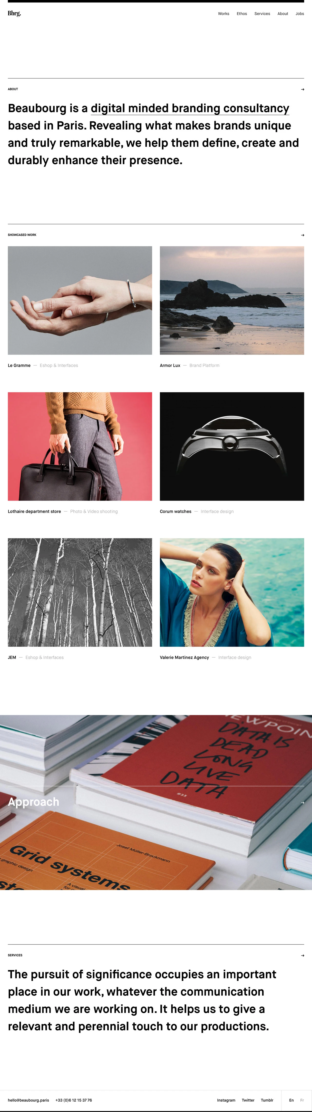 Beaubourg Landing Page Example: Beaubourg is a digital minded branding consultancy based in Paris. Revealing what makes brands unique and truly remarkable, we help them define, create and durably enhance their presence.