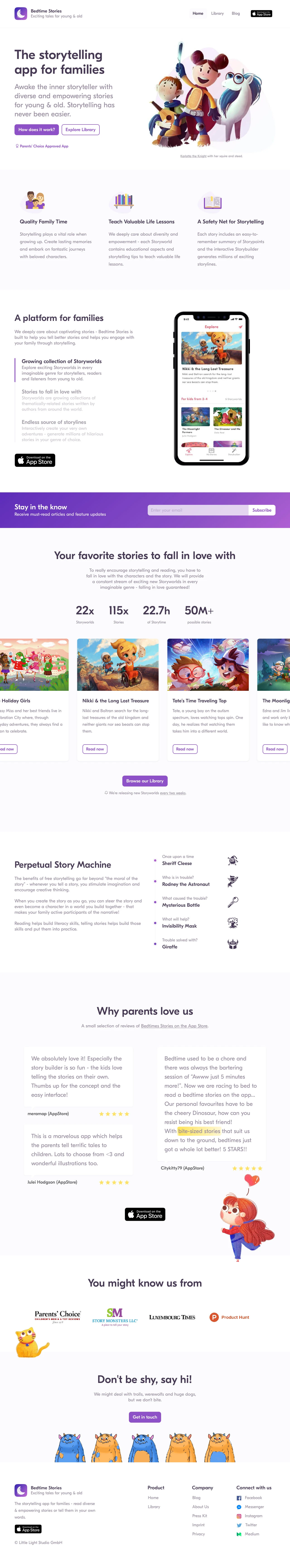 Bedtime Stories Landing Page Example: Awake the inner storyteller with diverse and empowering stories for young & old. Storytelling has never been easier.