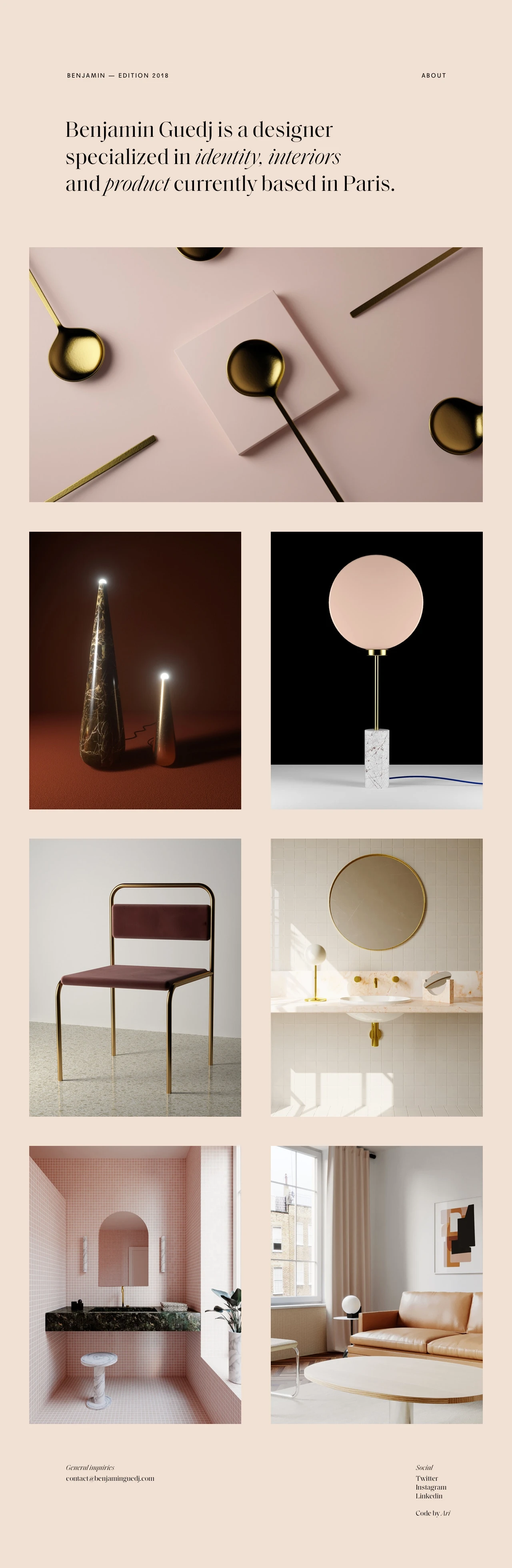 Benjamin Guedj Landing Page Example: Benjamin Guedj is a designer specialized in identity, interiors and product currently based in Paris.