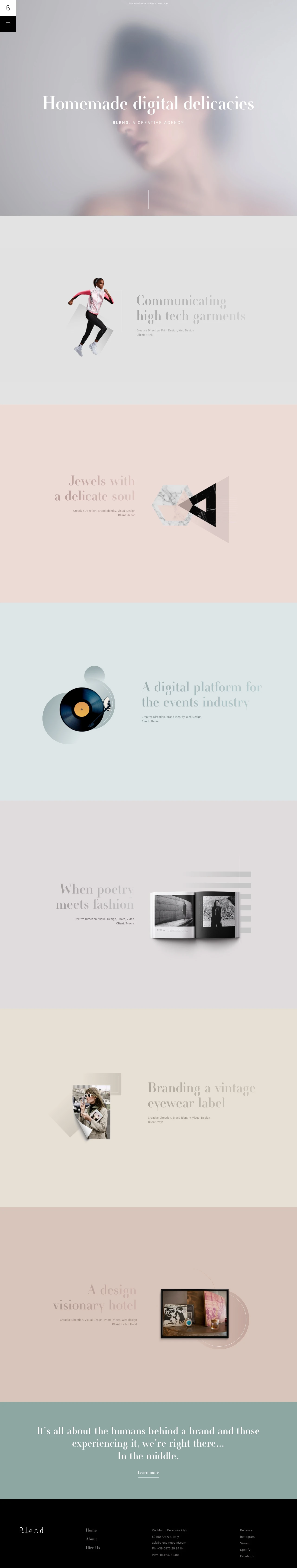 Blend Landing Page Example: Blend, a Creative Agency. Experimental thinkers offering an high quality support to branding and communication needs. We are the blend between strategy and creativity.