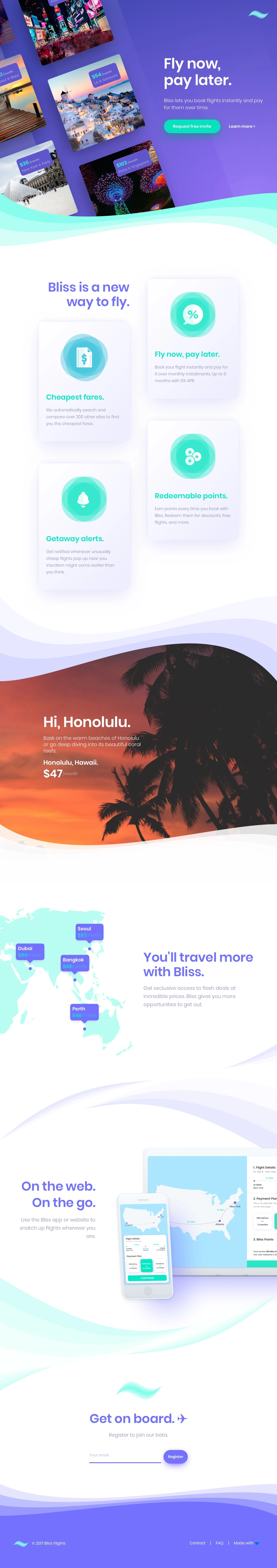 Bliss Landing Page Example: Bliss lets you book flights immediately and pay for them over time. And so much more.
