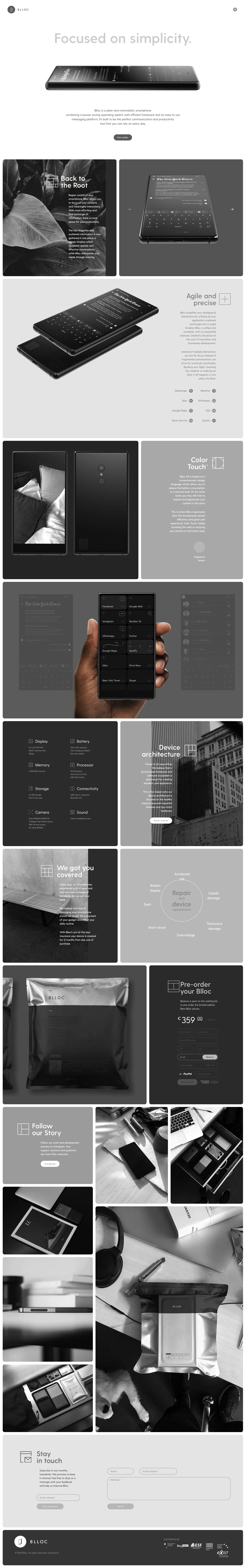 Blloc Landing Page Example: Blloc is a plain and minimalistic smartphone combining a power saving operating system with efficient hardware and an easy to use messaging platform, it’s built to be the perfect communication and productivity tool that you can rely on every day.