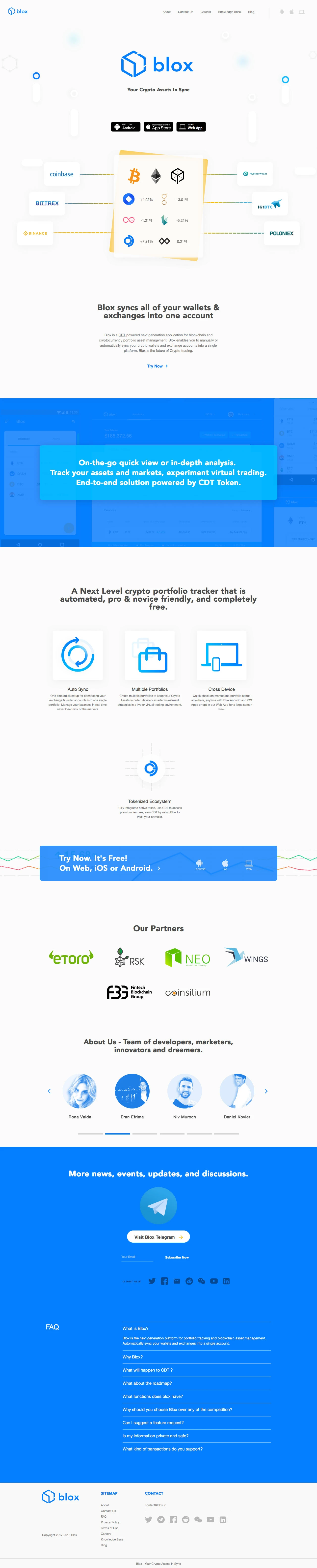 Blox Landing Page Example: Blox is a CDT powered next generation application for blockchain and cryptocurrency portfolio asset management. Blox enables you to manually or automatically sync your crypto wallets and exchange accounts into a single platform.