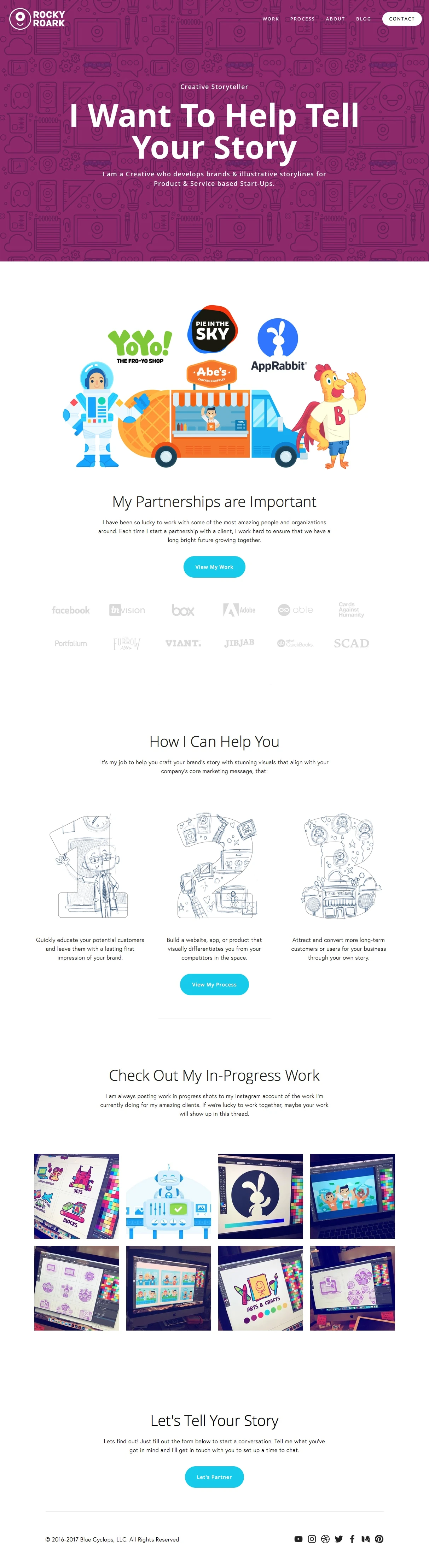 Blue Cyclops Landing Page Example: I am a Creative who develops brands & illustrative storylines for Product & Service based Start-Ups.