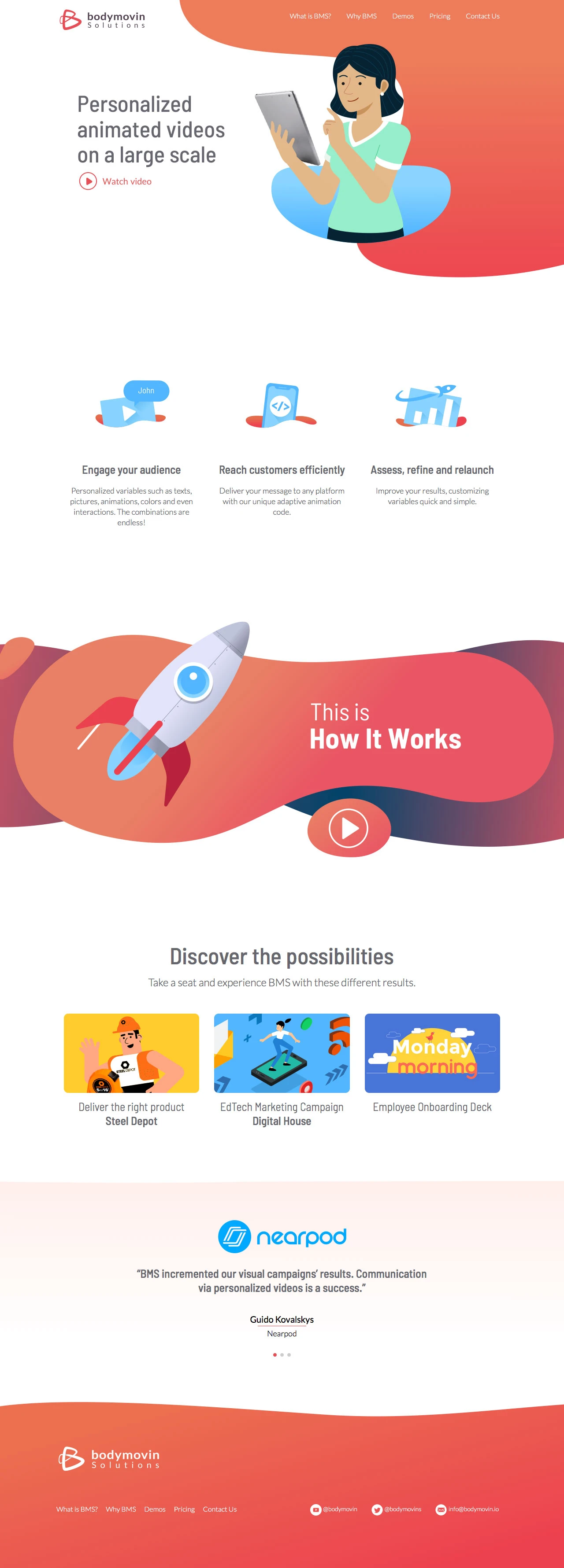 Bodymovin Solutions Landing Page Example: Personalized animated videos on a large scale.