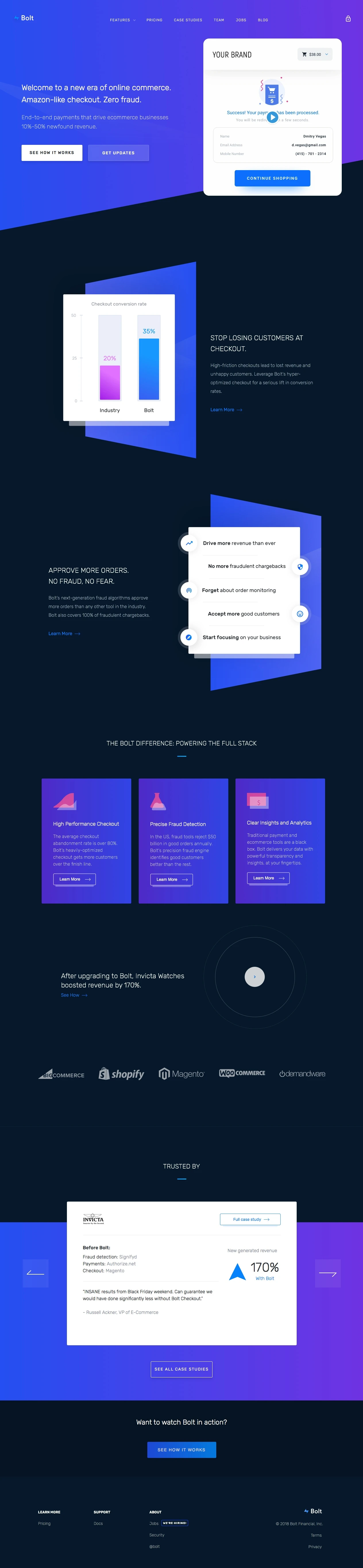 Bolt Landing Page Example: End-to-end payments that drive ecommerce businesses 10%-50% newfound revenue.