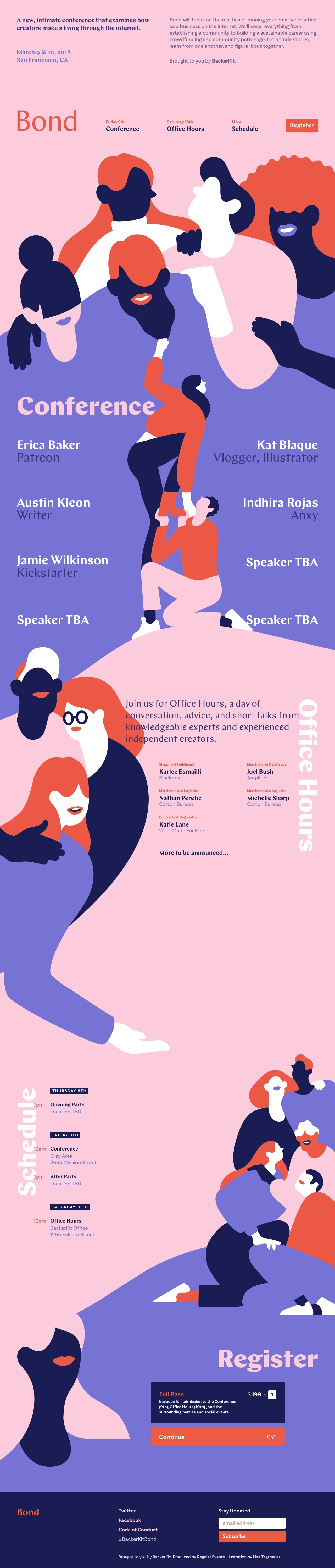 Bond Landing Page Example: Bond is a new, intimate conference that examines how creators make a living through the internet, focussing on those building a career using crowdfunding and community patronage.