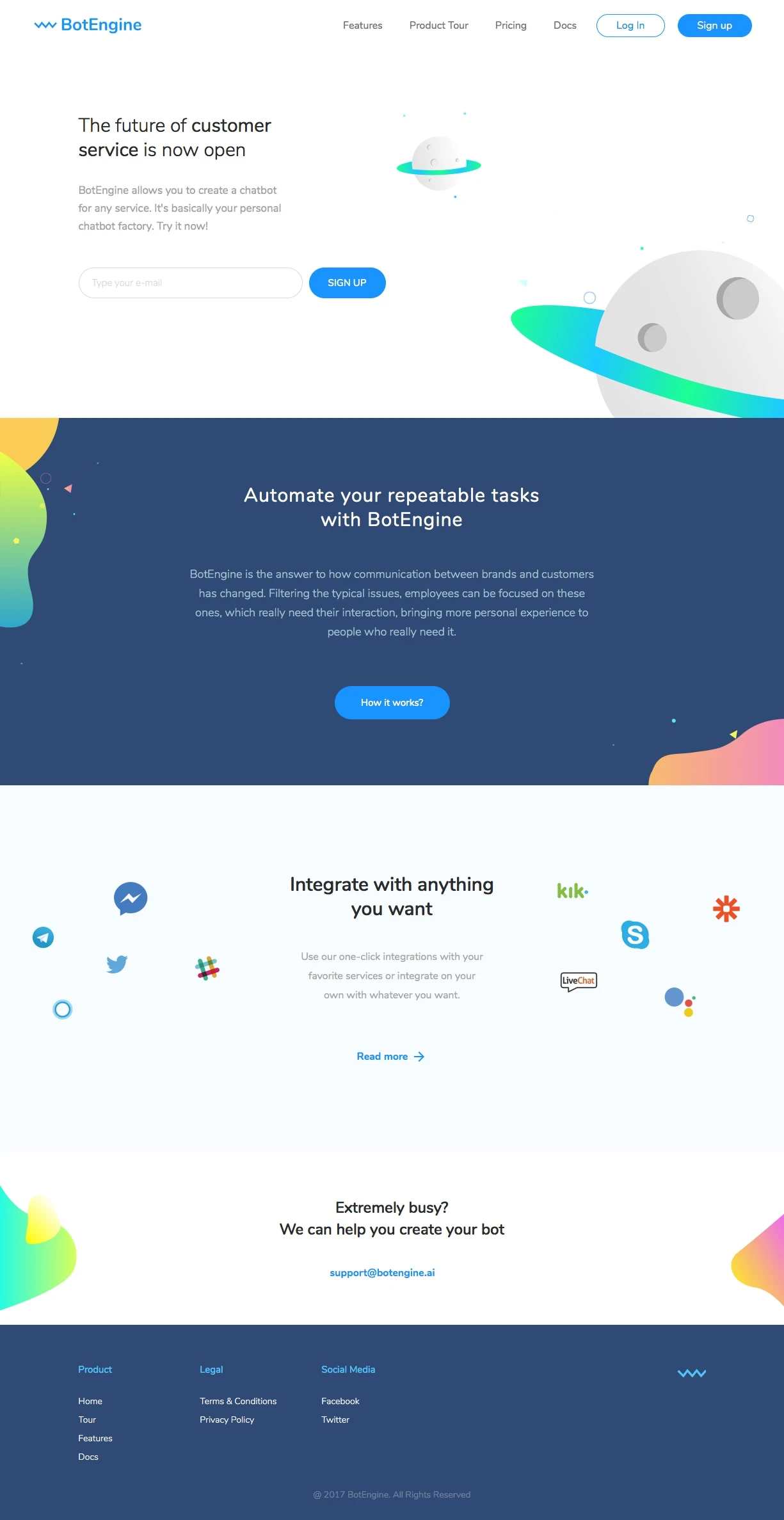 BotEngine Landing Page Example: BotEngine allows you to create a chatbot for any service. It's basically your personal chatbot factory.