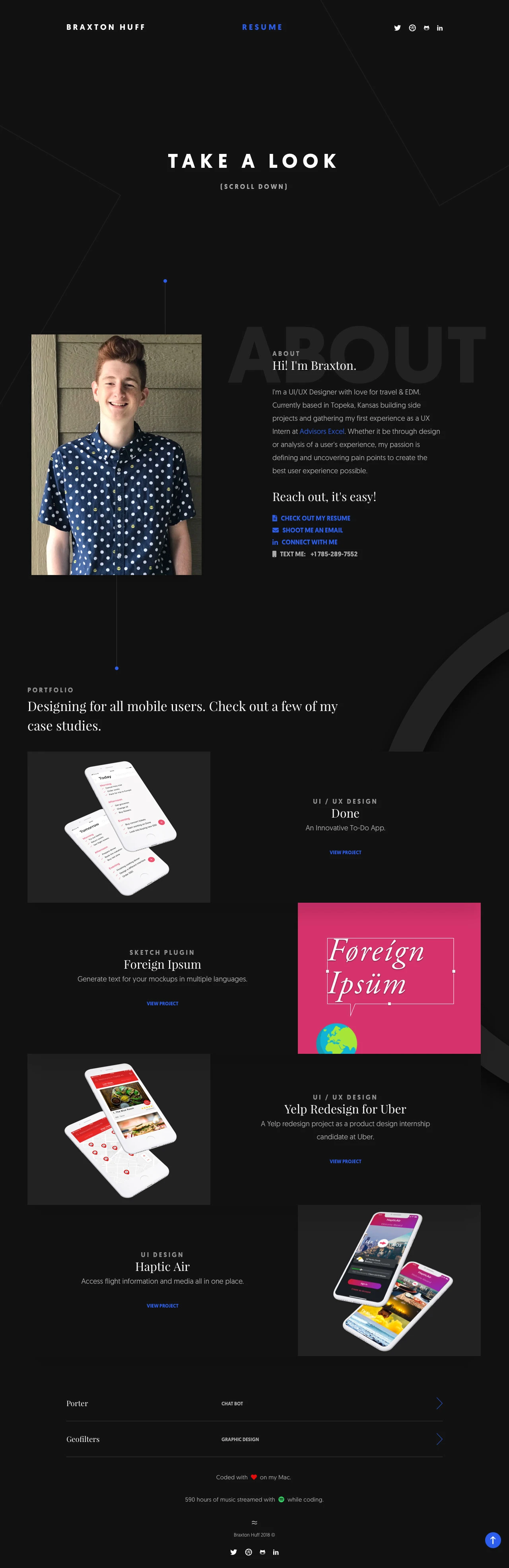 Braxton Huff Landing Page Example: UX / Interaction Designer, relocating to Los Angeles. Uncovering pain points & creating the best experience for users.